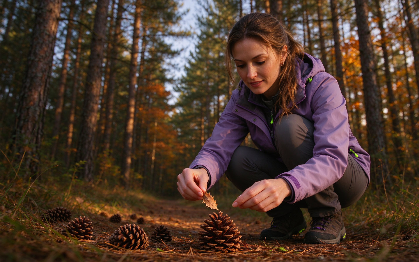 A collector examining pine cones during a woodland walk